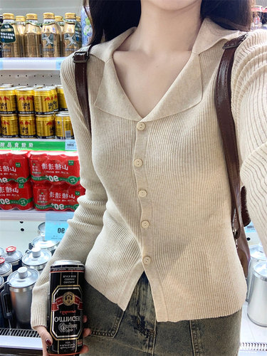 Polo领长袖针织开衫上衣毛衣外套