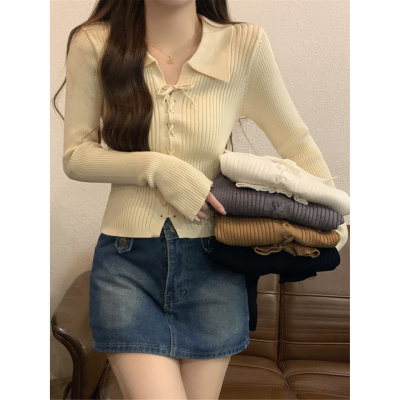 设计感绑带Polo领针织衫女秋冬季2025新款修身短款毛衣打底衫上衣