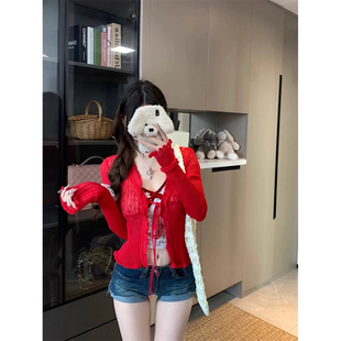 外搭罩衫 红色防晒衣女长袖 镂空披肩配吊带裙针织开衫 薄款 上衣 夏季