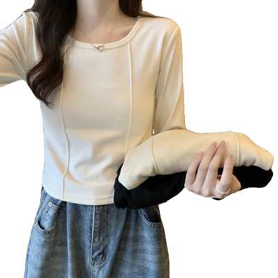 修身短款t恤女长袖德绒打底小衫