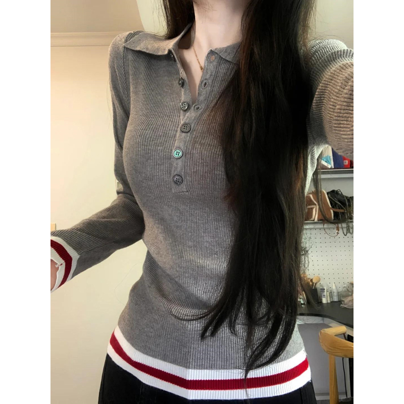 复古撞色条纹Polo领针织衫女2025秋冬内搭修身显瘦长袖上衣打底衫