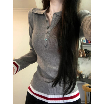 复古撞色条纹Polo领针织衫女2025秋冬内搭修身显瘦长袖上衣打底衫