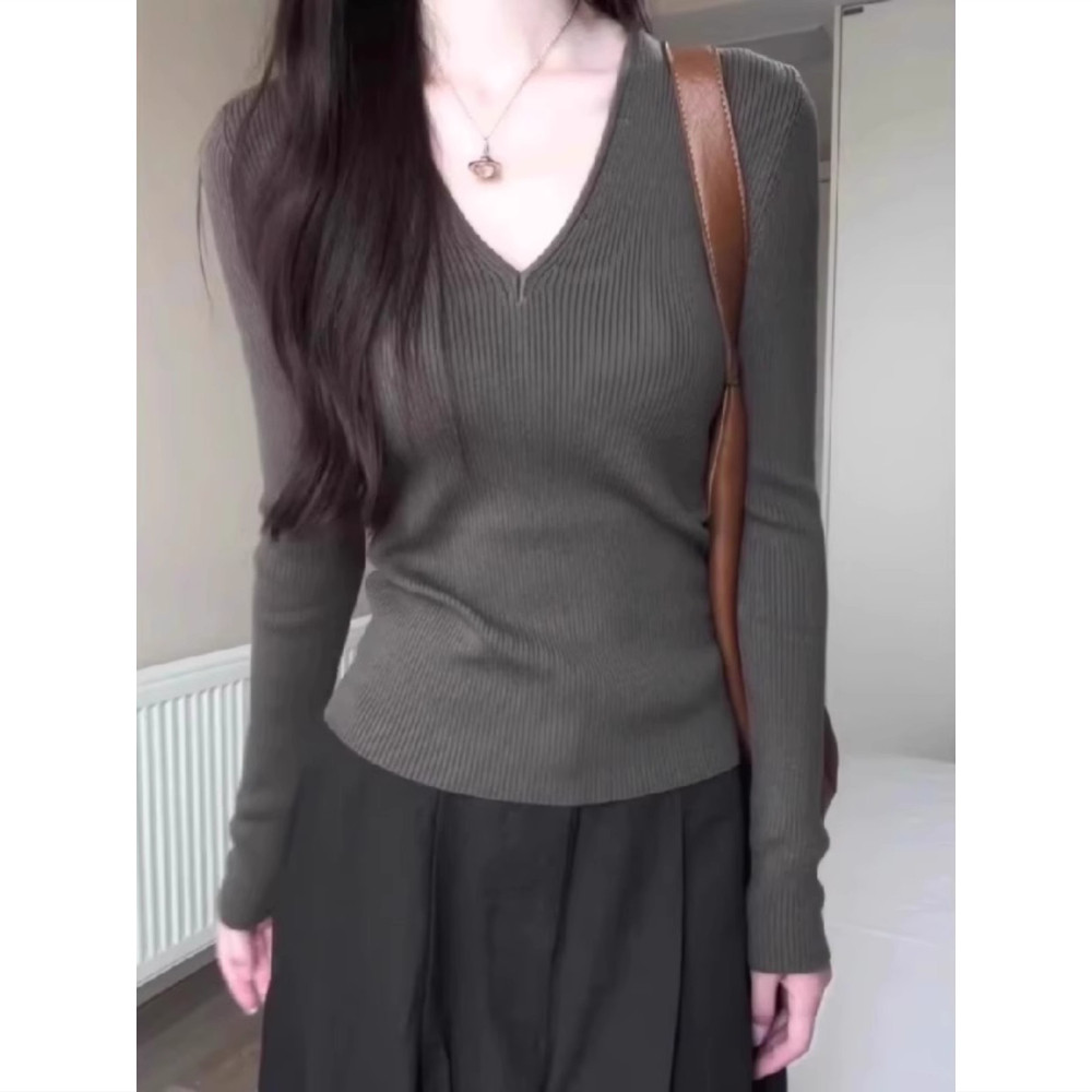 正肩v领长袖针织衫女秋冬季新款修身收腰显瘦内搭毛衣打底衫上衣,女装/女士精品,毛针织衫,淘宝优惠券,粉丝福利购,淘宝优惠卷