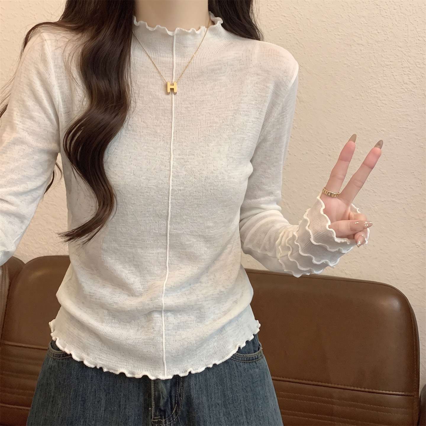 木耳边半高领内搭白色毛衣女春秋新款百搭修身长袖打底针织衫上衣