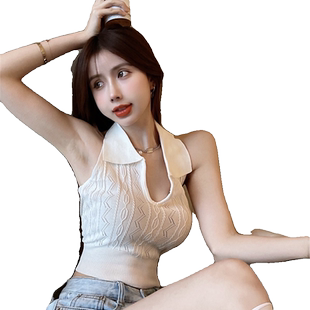 夏季时尚百搭性感辣妹美背无袖针织短款高腰修身显瘦吊带背心上衣
