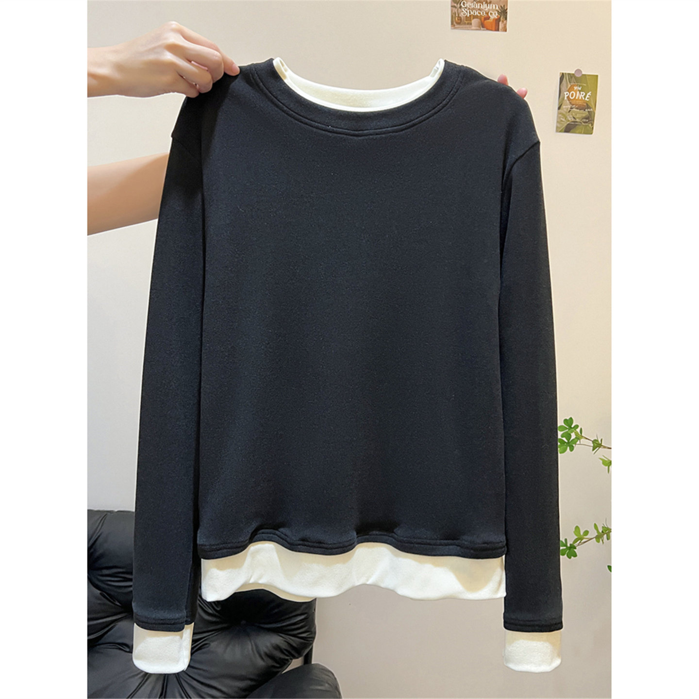 秋冬季内搭假两件拼接圆领t恤女长袖黑色显瘦宽松德绒打底衫上衣,女装/女士精品,T恤,淘宝优惠券,粉丝福利购,淘宝优惠卷