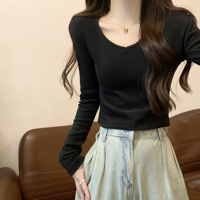 早秋v领修身显瘦短款小个子黑色t恤女长袖春秋内搭德绒打底衫上衣
