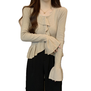 秋冬小个子荷叶边喇叭袖针织衫修身短款长袖毛衣女内搭打底衫上衣