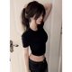 辣妹高腰露脐上衣 设计感小众收腰别致短款 黑色正肩t恤女短袖 夏季