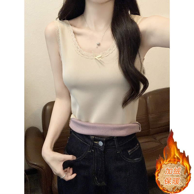 秋冬新款纯欲蕾丝蝴蝶结加厚一体绒保暖背心女无袖内搭打底衫上衣