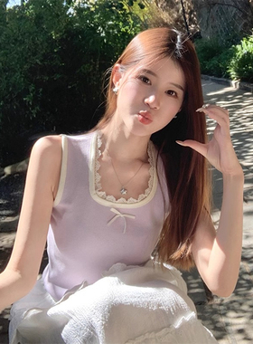 紫色针织吊带背心女外穿夏季内搭蕾丝花边蝴蝶结法式方领无袖上衣