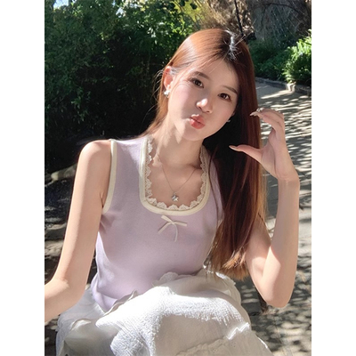 紫色针织吊带背心女外穿夏季内搭蕾丝花边蝴蝶结法式方领无袖上衣