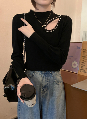 秋冬镂空半高领长袖打底针织衫上衣设计感小众钉珠黑色毛衣女内搭