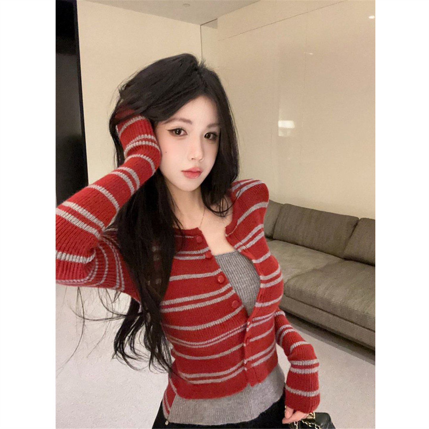 辣妹设计感假两件毛衣女秋冬修身紧身红色条纹长袖打底针织衫上衣