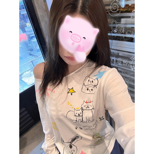外搭空调衫 天丝防晒t恤女长袖 卡通趣味印花斜肩罩衫 夏季 上衣 薄款
