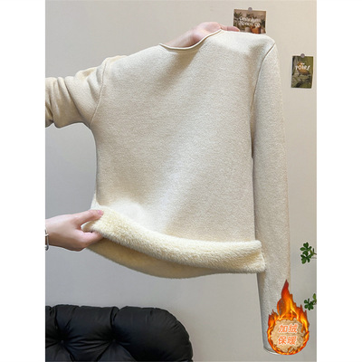 秋冬加厚一体绒圆领长袖打底针织衫上衣冬季保暖内搭高级感毛衣女