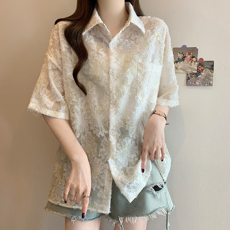 Polo领防晒衬衫女短袖夏季轻薄款中长款宽松冰丝透气外搭开衫上衣