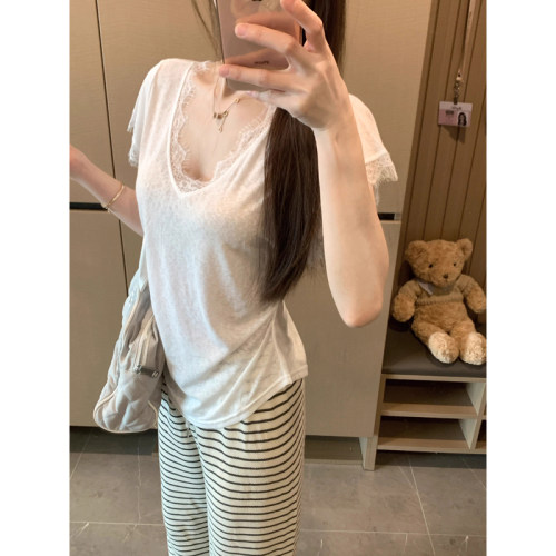 纯欲性感v领蕾丝拼接短袖t恤女夏季天丝薄纱防晒罩衫显瘦白色上衣