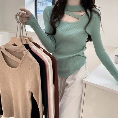 设计感不规则小个子短款毛衣女秋冬半高领内搭长袖打底针织衫上衣
