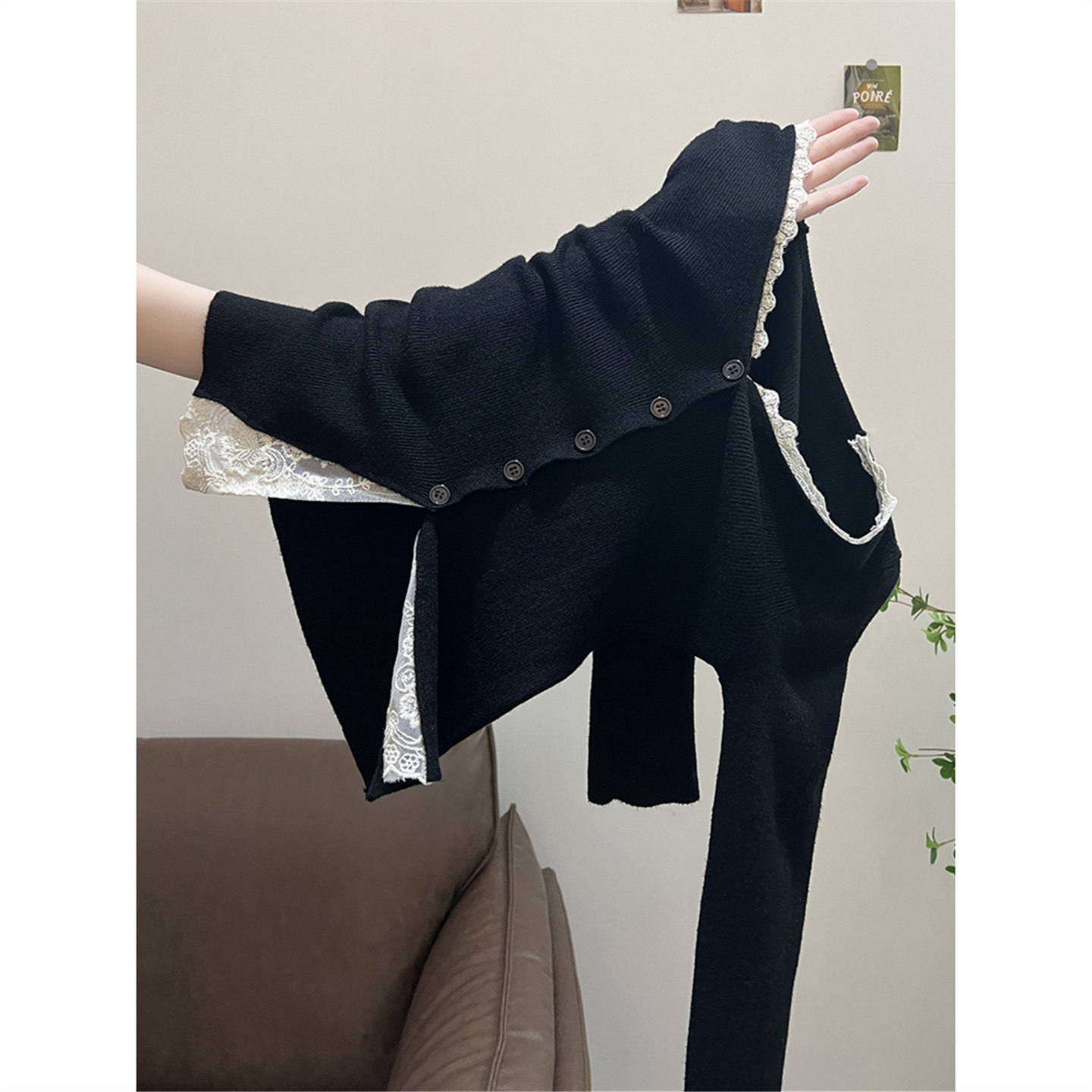 秋冬蕾丝边设计感纽扣针织开衫上衣黑色v领长袖内搭毛衣女打底衫,女装/女士精品,毛针织衫,淘宝优惠券,粉丝福利购,淘宝优惠卷