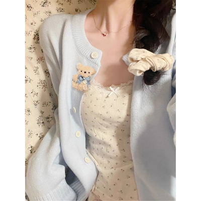 浅蓝色软糯针织开衫上衣春秋冬2025新款韩系小个子短款毛衣外套女