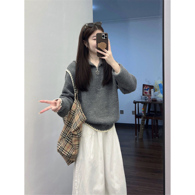 灰色半拉链高领毛衣外套女2025新款秋冬季加厚保暖宽松针织衫上衣