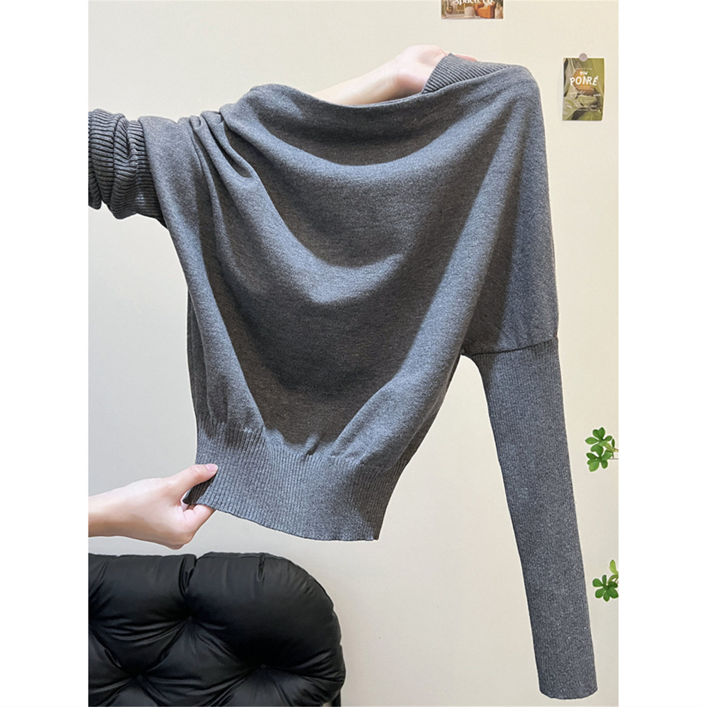 秋冬一字肩长袖打底针织衫上衣慵懒宽松收腰高级设计感毛衣女内搭