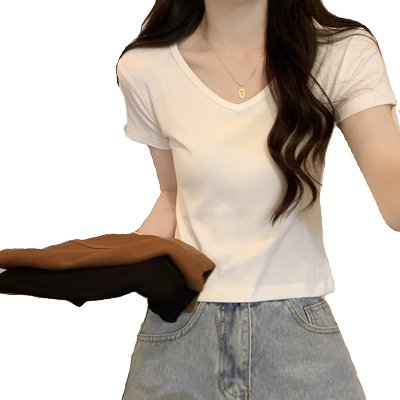 正肩白色t恤女短袖夏季美式辣妹v领修身短款小个子别致绝美小上衣