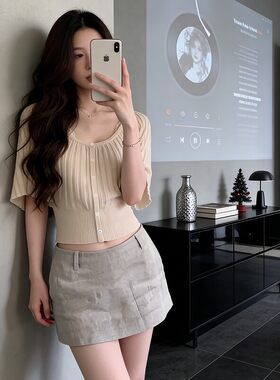 设计感圆领针织短袖t恤女2026夏季新款修身收腰显瘦短款高腰上衣