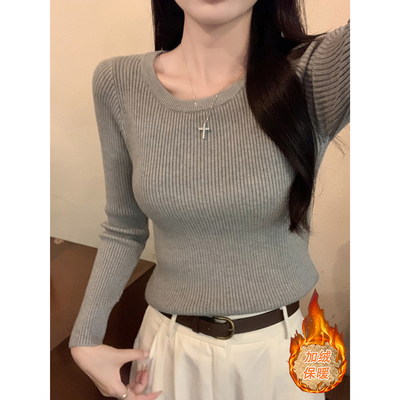 灰色毛衣女秋冬内搭圆领修身显瘦长袖打底针织衫加厚加绒保暖上衣