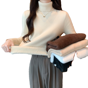 一体绒打底衫女士秋冬季新款加绒加厚保暖内搭高领毛衣针织衫上衣