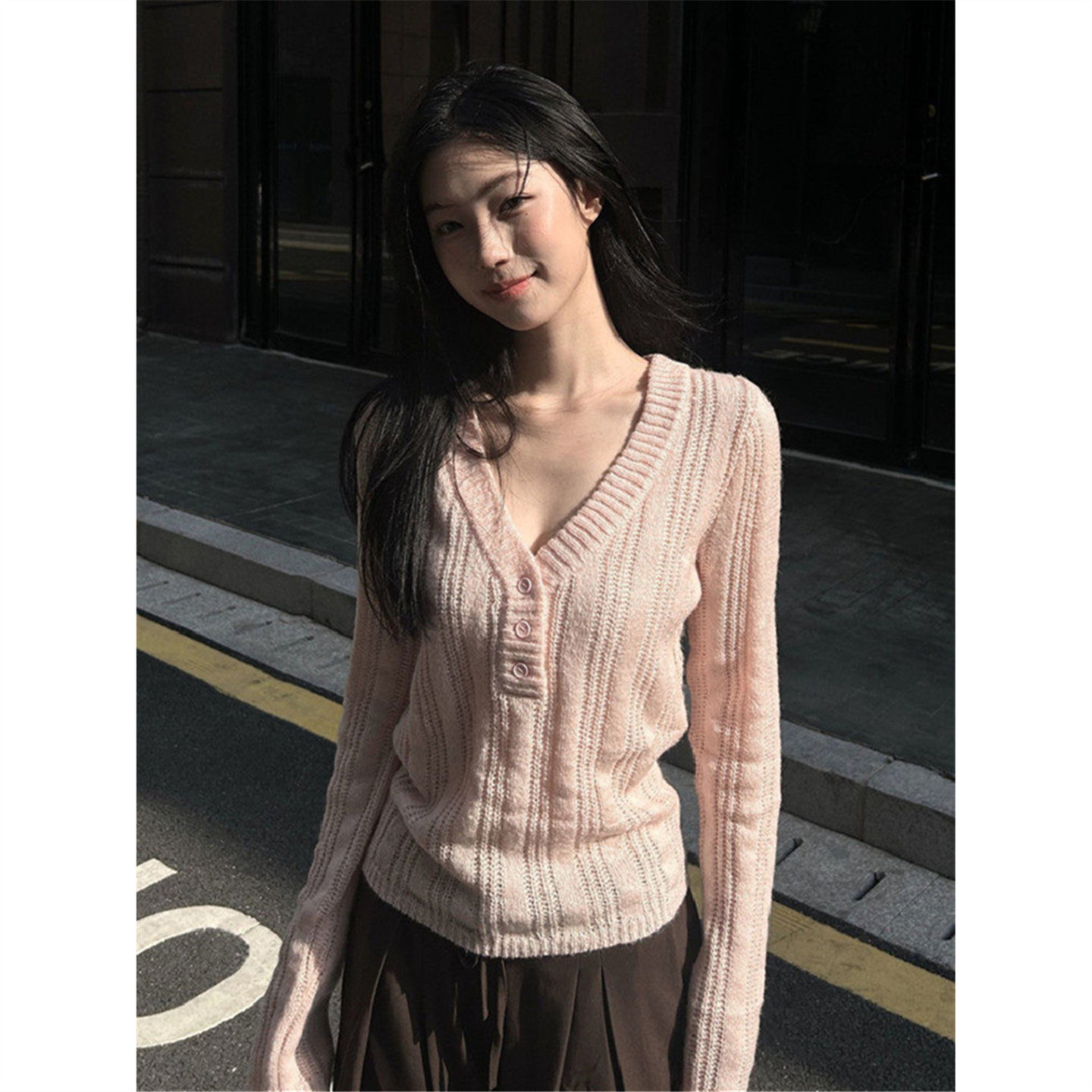 韩系甜美粉色v领长袖针织衫女春秋冬季设计感修身毛衣打底衫上衣,女装/女士精品,毛针织衫,淘宝优惠券,粉丝福利购,淘宝优惠卷