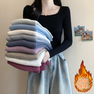 春秋冬新款方领修身内搭毛衣女加厚加绒可外穿长袖打底针织衫上衣