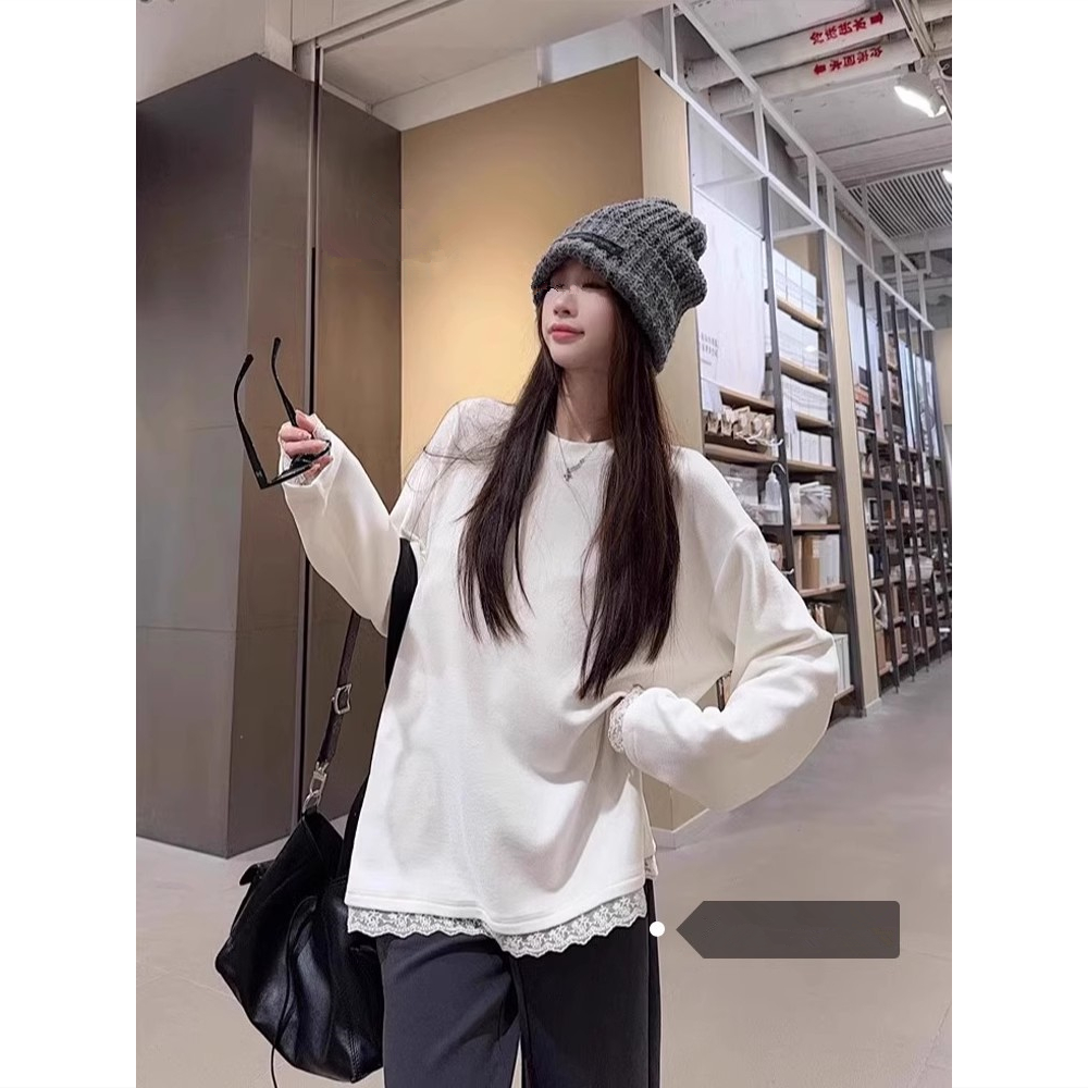 春秋新款百搭宽松显瘦白色t恤女长袖蕾丝花边德绒打底衫内搭上衣