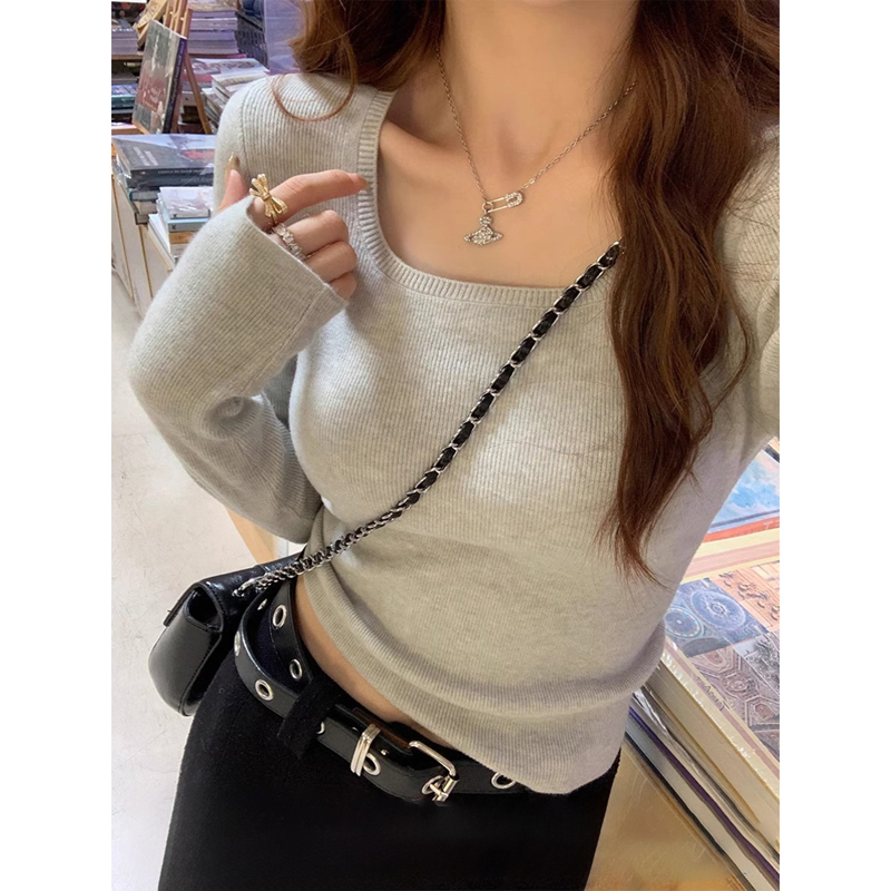 方领打底衫2025早秋韩系内搭长袖上衣女绝美巨好看修身针织衫