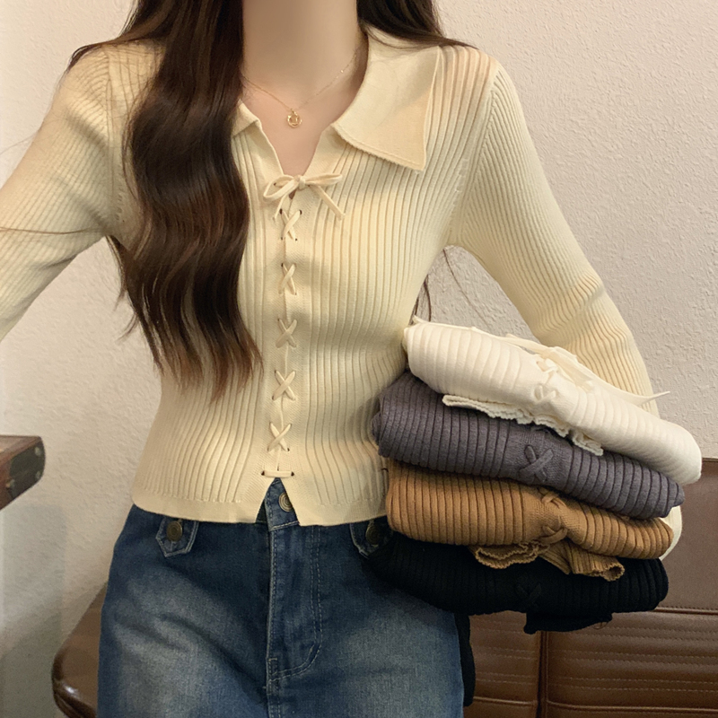 早秋新款polo领长袖打底针织衫上衣秋冬修身短款小个子毛衣女内搭