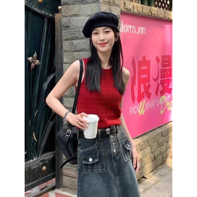 美式复古红色法式无袖背心女夏打底内搭短款紧身辣妹外穿吊带上衣