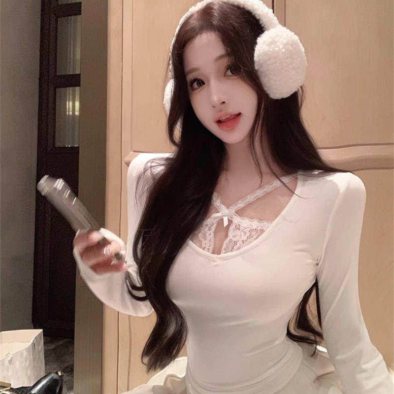 春秋纯欲性感辣妹修身紧身内搭t恤女长袖蕾丝花边德绒打底衫上衣