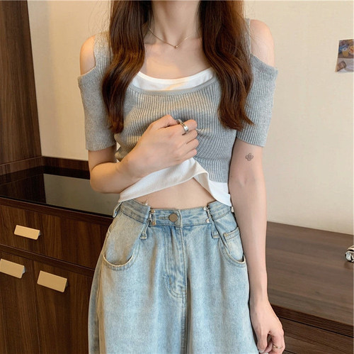 百搭修身假两件冰丝针织衫女短袖