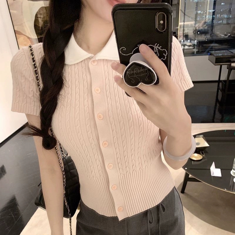 法式甜美温柔粉色娃娃领针织短袖t恤女夏季气质减龄修身收腰上衣