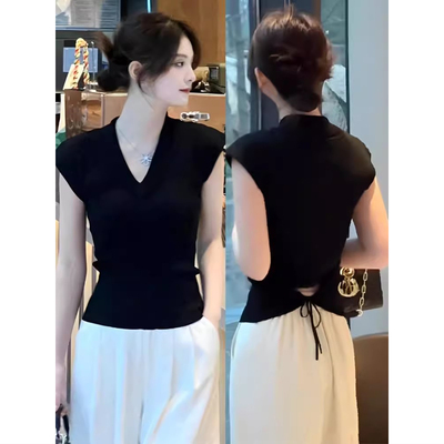 气质镂空v领冰丝针织衫女夏季2025新款薄款后背绑带修身坎肩上衣