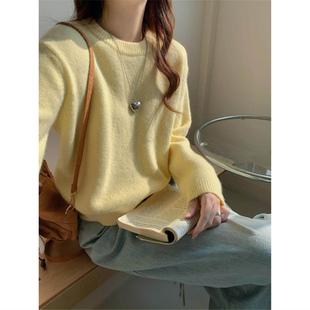 秋冬韩系慵懒宽松黄色毛衣女圆领内搭保暖加厚长袖打底针织衫上衣