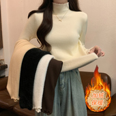 上衣秋冬季 木耳边半高领长袖 打底针织衫 加厚一体绒保暖毛衣女内搭
