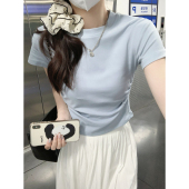 小衫 正肩t恤女短袖 显瘦又甜又辣纯欲不规则褶皱短款 修身 上衣 夏季