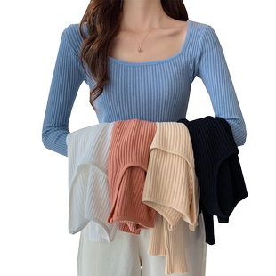 秋冬新款法式方领修身长袖打底针织衫上衣加厚加绒低领毛衣女内搭