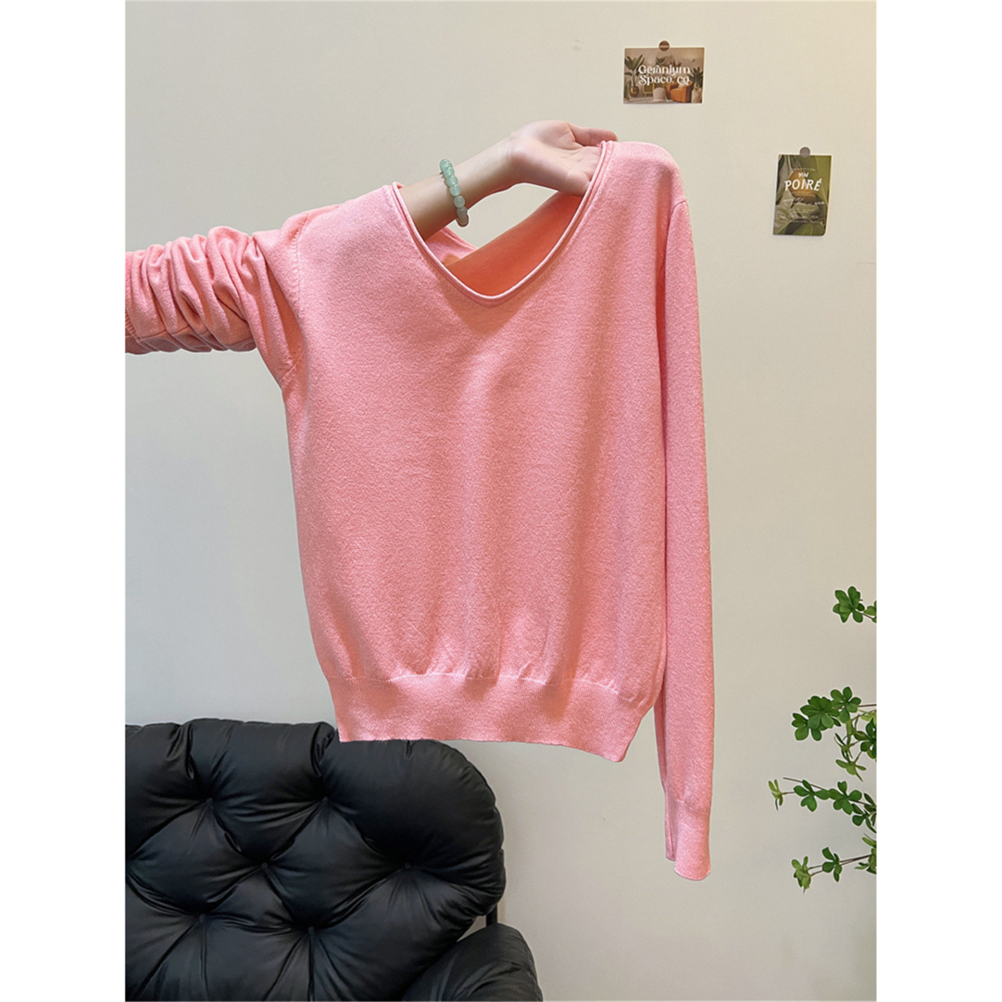 春秋冬新款高级感v领粉色毛衣女慵懒宽松显瘦长袖打底针织衫上衣