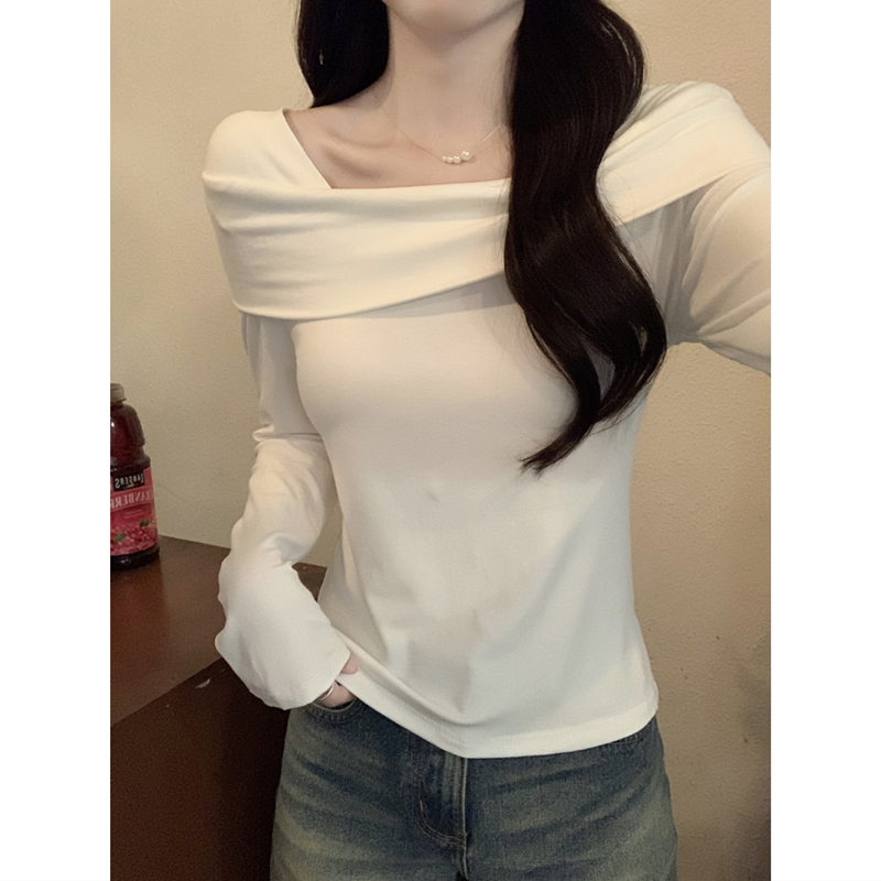 春秋冬薄款修身收腰显瘦斜肩内搭打底衫上衣一字肩白色t恤女长袖