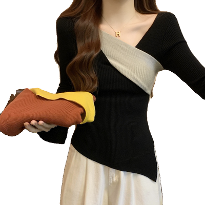 春秋v领修身显瘦内搭针织衫上衣秋冬不规则拼接长袖毛衣打底衫女