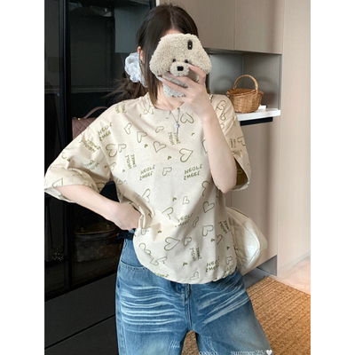 t恤女短袖夏季2025新款爆款超火减龄百搭宽松设计感小众爱心上衣