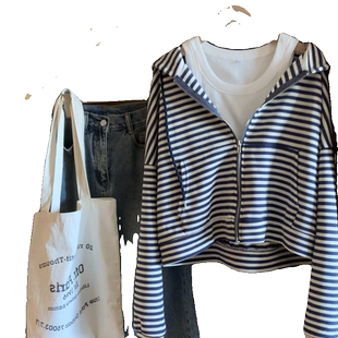 美式连帽慵懒风宽松oversize卫衣女春秋冬薄款条纹开衫上衣短外套